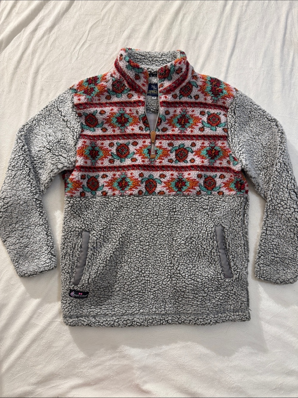 Simply Southern Gray Sherpa 1/4 Zip Pullover with Red and Teal Aztec Yoke
